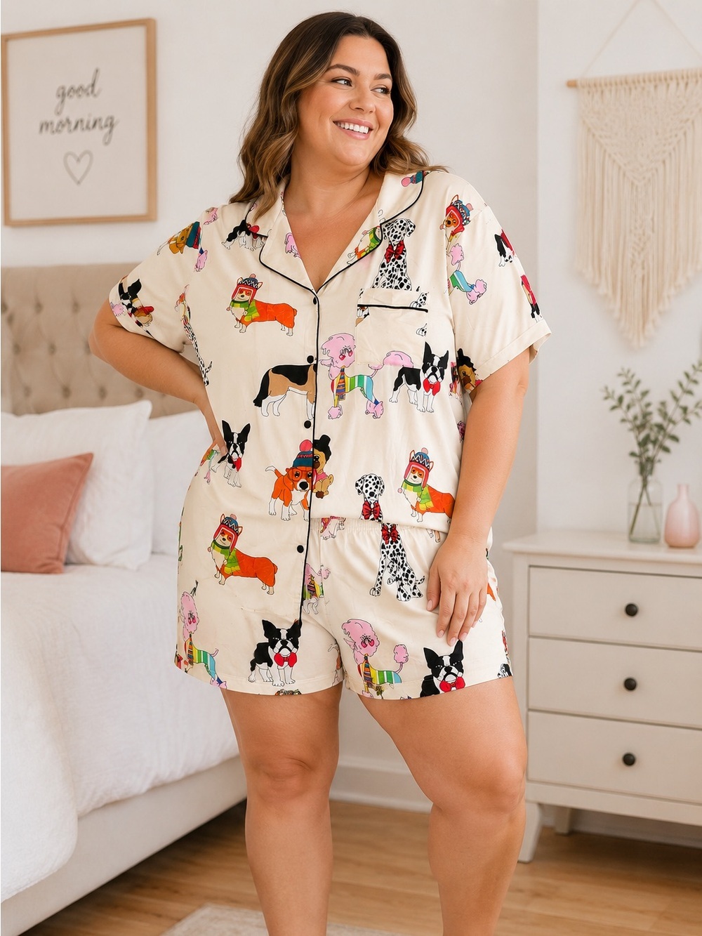 NEW EKOUAER 3XL Dog Print Pajama Set Satin Button Up Shorts Plus Size PJs